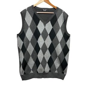 Paul Jones‎ Men Sweater Vest 2XL Gray Argyle V Neck Preppy Layering Knit